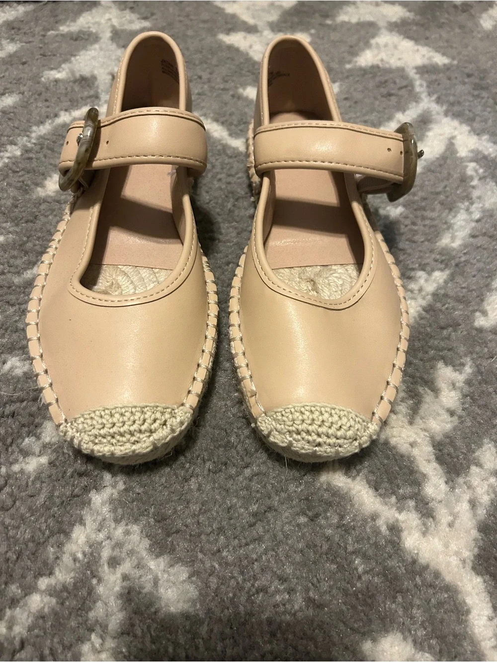 Beige Mary Jane Espadrille Flats with Decorative Buckle